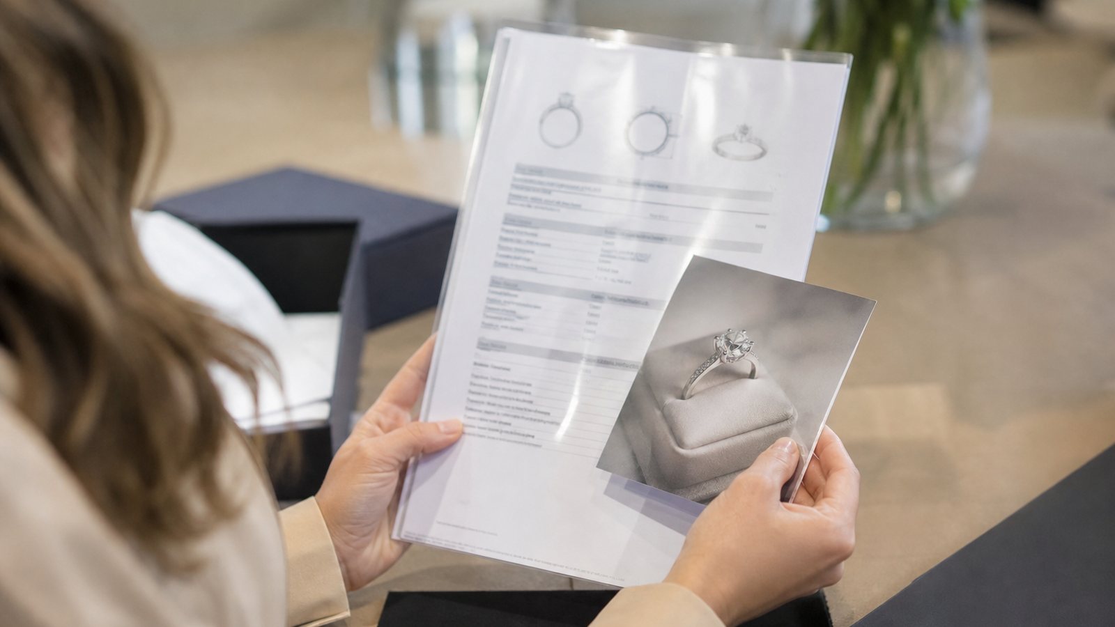 Bague de fiançailles en diamant rangée dans son écrin avec son certificat et sa facture