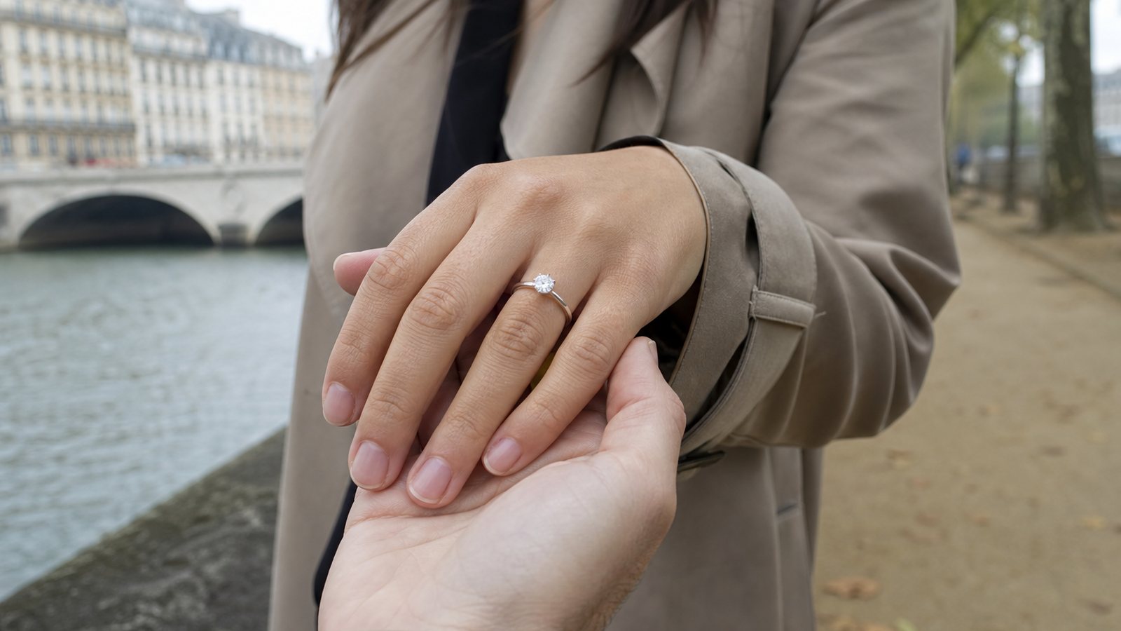 Bague de fiançailles en diamant sur mesure présentée sur un écrin de velours sombre