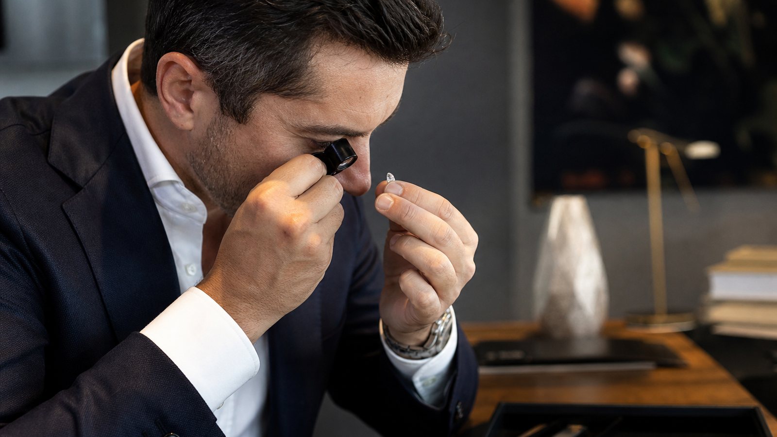 Diamant examiné à la loupe illustrant les quatre C: taille, couleur, pureté et carat