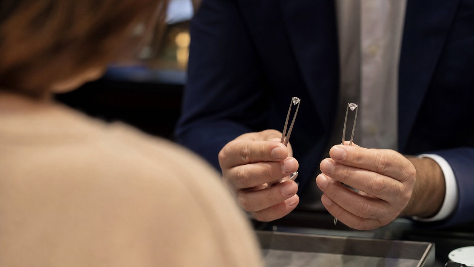 Diamant naturel et diamant de laboratoire comparés avec leurs certificats sur un établi