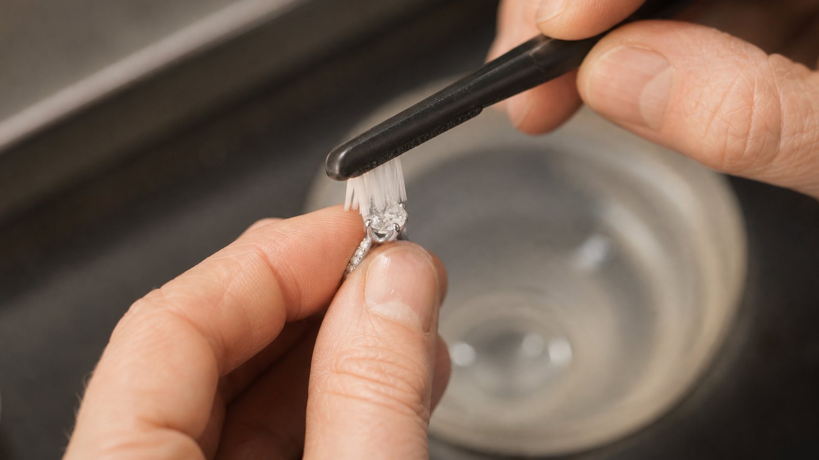 Nettoyage doux d'une bague en diamant à la brosse pour préserver son éclat au fil des années