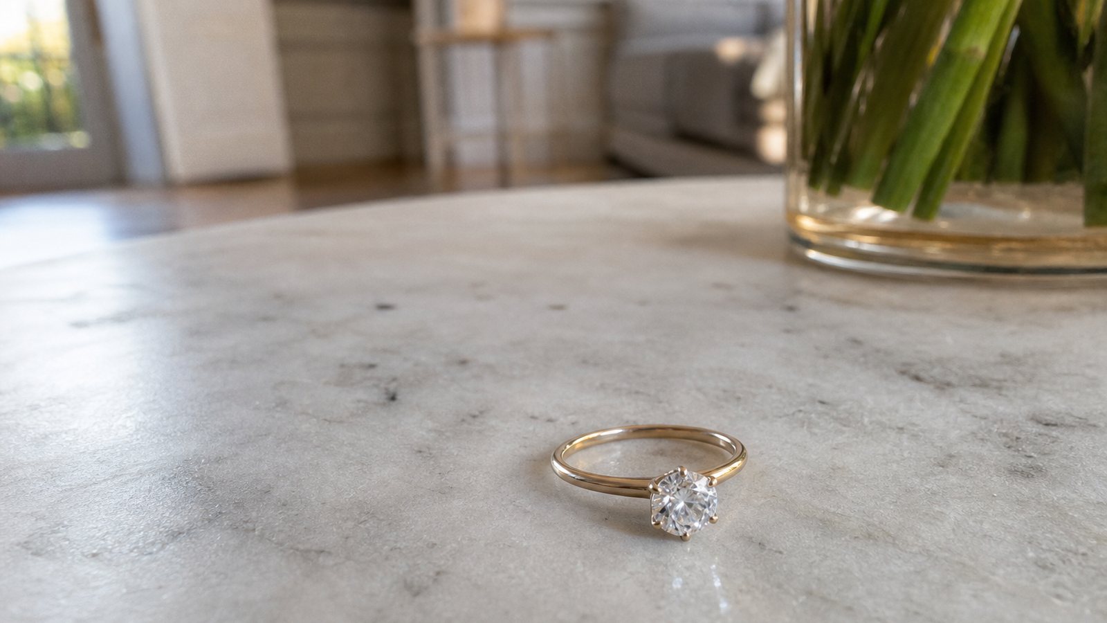 Bague de fiançailles en diamant sur mesure posée sur un écrin